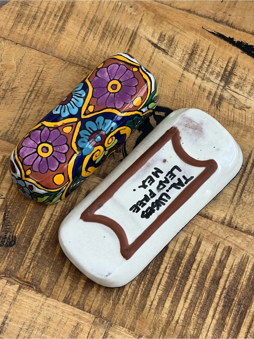 Mexican Folk Art Handmade Talavera Red Clay Pottery Butter Dish Colorful
